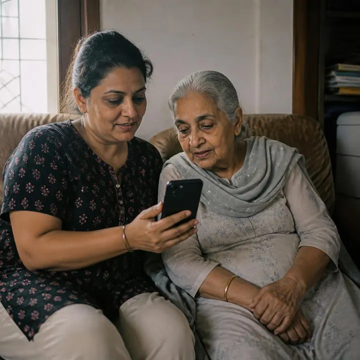 An adult daughter sitting with her mother, looking at a phone together